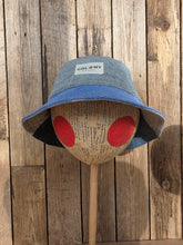 Load image into Gallery viewer, Reworked Denim Bucket Hat Rust Dragonfly/Pink Woodlouse Age 4 - 10 Years