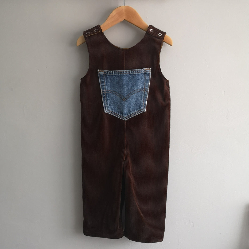 Rich Chocolate Brown Cord Dungarees with Denim Pocket Age 1-2 Years