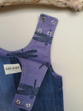 Load image into Gallery viewer, Children&#39;s denim dungarees with adjustable shoulder straps, centre front pocket and purple dragonfly lining.
