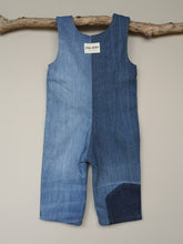 Load image into Gallery viewer, Children&#39;s denim dungarees with adjustable shoulder straps, centre front pocket and purple dragonfly lining.
